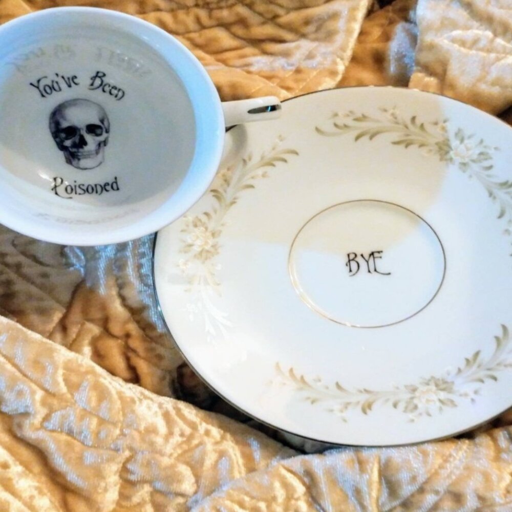 Upcycled poison skull tea set